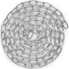 Zinc plated carbon steel proof coil chain, 3/16" x 10', supports 1100 lbs for heavy-duty tasks.