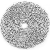 Zinc-plated carbon steel proof coil chain, 1/8" x 33', with wide links for heavy-duty use.