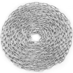 Zinc-plated carbon steel proof coil chain, 1/8" x 33', with wide links for heavy-duty use.