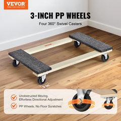 Heavy-duty furniture dolly with 1000 lbs capacity, 18x30 inch hardwood deck, and four 3-inch PP swivel casters.