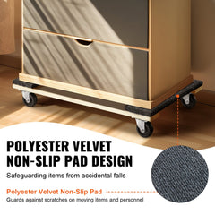 A wooden furniture dolly with black non-slip pads and four swivel casters supports a two-drawer cabinet.