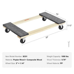 Heavy-duty furniture dolly with 18x30-inch poplar wood deck, 1000 lbs capacity, and 3-inch PP swivel wheels.