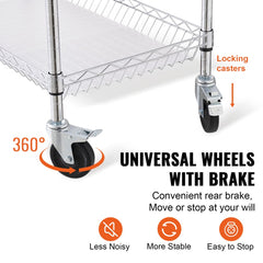 Three-tier rolling utility cart with adjustable shelves and silent wheels for easy transport.