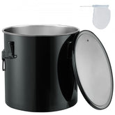 Black 10-gallon stainless steel fryer oil disposal bucket with lid, handle, and filter bag.