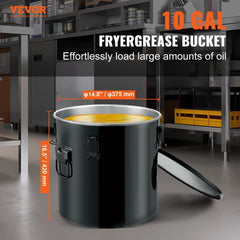 Black 10-gallon stainless steel fryer oil disposal bucket with lid and handle.