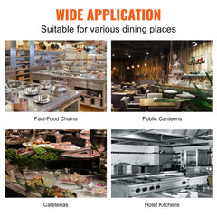 Infographic showing wide application of a stainless steel fryer oil disposal bucket in fast-food chains, public canteens, cafeterias, and hotel kitchens.