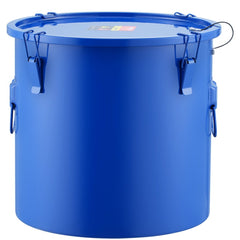 Blue carbon steel fryer grease bucket with 10-gallon capacity and ergonomic handles.