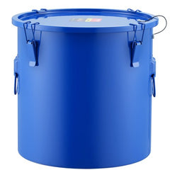 Blue carbon steel fryer grease bucket with 8-gallon capacity and secure lid.