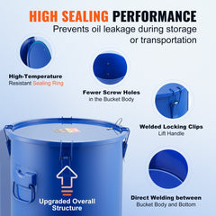 Blue 8-gallon carbon steel fryer grease bucket with a secure lid and pour spout.