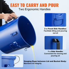 Blue carbon steel fryer grease bucket with a 8-gallon capacity and secure lid.