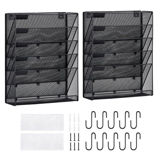 Two black mesh wall file holders with six pockets each, plus mounting hardware.