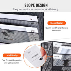 Two-piece mesh wall file holder with six sloped pockets for document organization.