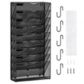 10-tier metal wall file holder with labeled pockets for organized document storage.