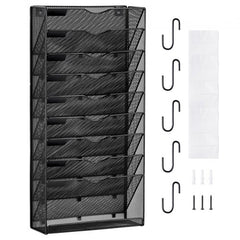 10-tier metal wall file holder with labeled pockets for organized document storage.
