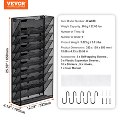 10-tier metal wall file holder with labeled pockets for organized document storage.