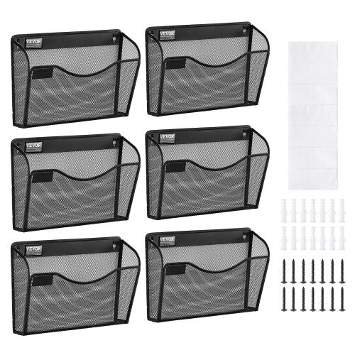 Black mesh metal wall file organizer with single pocket design for document storage.
