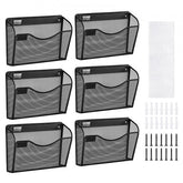 Black mesh metal wall file organizer with single pocket design for document storage.