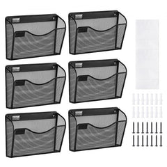 Black mesh metal wall file organizer with single pocket design for document storage.