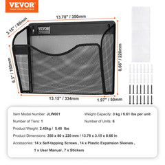 Black mesh metal wall file organizer with single pocket design for document storage.