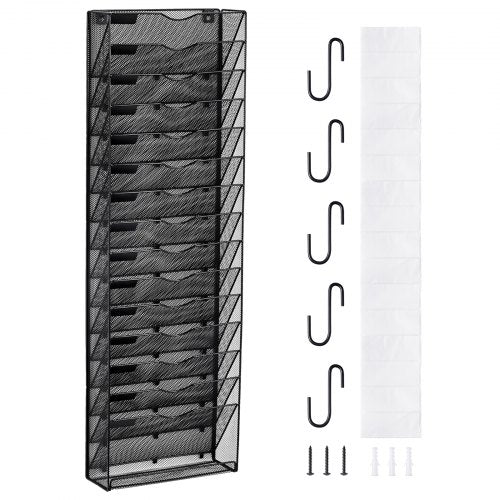 16-tier metal wall file organizer with labeled pockets and a bottom tray for small items.