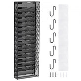 16-tier metal wall file organizer with labeled pockets and a bottom tray for small items.