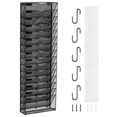 16-tier metal wall file organizer with labeled pockets and a bottom tray for small items.