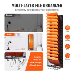 16-tier metal wall file organizer with labeled pockets and a bottom tray for small items.