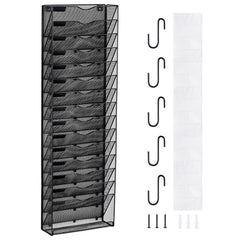 16-tier metal wall file organizer with labeled pockets and a bottom tray for small items.
