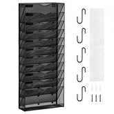 Black mesh metal wall file organizer with 12 labeled pockets and mounting hardware.