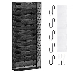 Black mesh metal wall file organizer with 12 labeled pockets and mounting hardware.