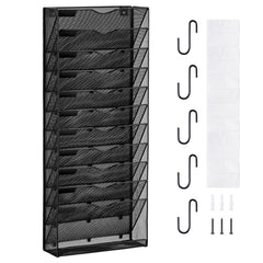 Black mesh metal wall file organizer with 12 labeled pockets and mounting hardware.