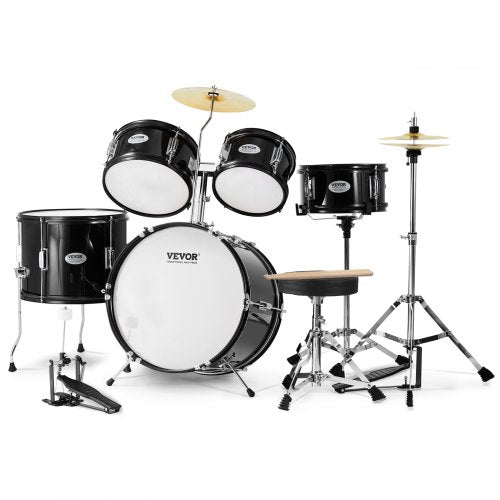 5-piece kids drum set in black with various drums, cymbal, throne, and drumsticks included.