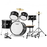 5-piece kids drum set in black with various drums, cymbal, throne, and drumsticks included.