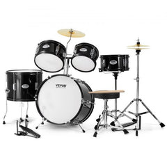 5-piece kids drum set in black with various drums, cymbal, throne, and drumsticks included.