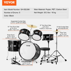 5-piece kids drum set in black with various drums, cymbals, and a height-adjustable throne.
