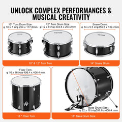 Bostome 5-piece adult drum set in black with 22-inch bass drum and toms.