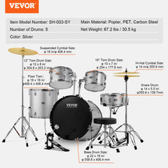 Five-piece adult drum set with silver poplar shells and a stable carbon steel frame.