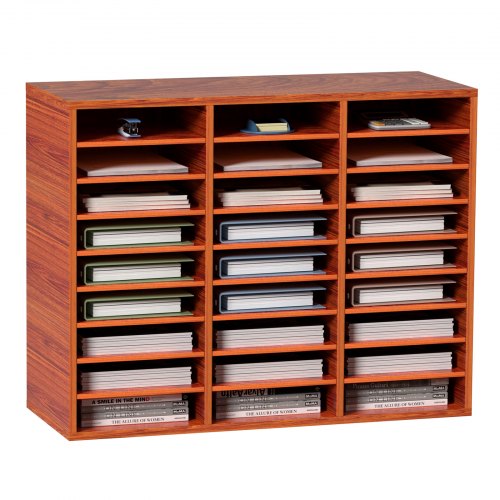 Brown MDF literature organizer with 27 slots for efficient document management.
