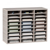 Grey MDF literature organizer with 27 slots for efficient office document storage.