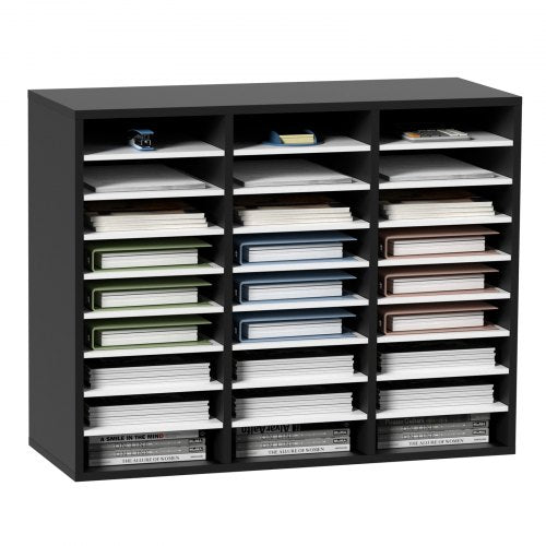 Black MDF literature organizer with 27 slots for efficient document management.
