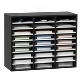 Black MDF literature organizer with 27 slots for efficient document management.