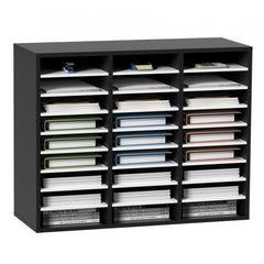 Black MDF literature organizer with 27 slots for efficient document management.