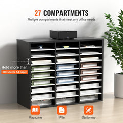 Black MDF literature organizer with 27 slots for efficient document management.