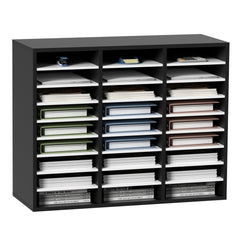 Black MDF literature organizer with 27 slots for efficient document management.