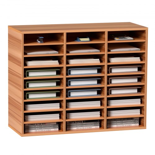 Wooden 27-slot literature organizer with open shelves for files and papers.