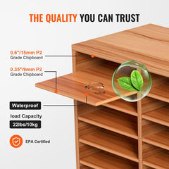 White wood literature organizer with 27 slots, adjustable chipboard shelves, and 10kg load capacity.