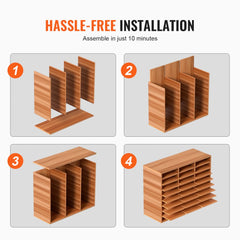Infographic showing 4 steps to assemble a wooden literature organizer in 10 minutes.