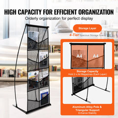 4-tier mesh brochure display stand with aluminum frame and 8 pockets for organizing literature.