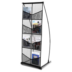 4-tier mesh brochure display stand with sturdy aluminum frame and 8 mesh pockets for brochures.