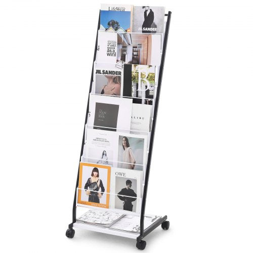 6-tier floor-standing brochure display rack with wheels, designed for organizing literature.